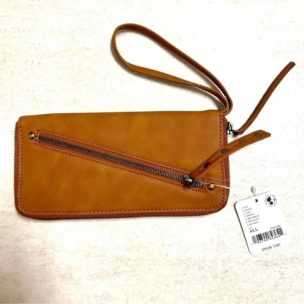 NWT FREE PEOPLE Distressed Vegan Wallet brown studded boho